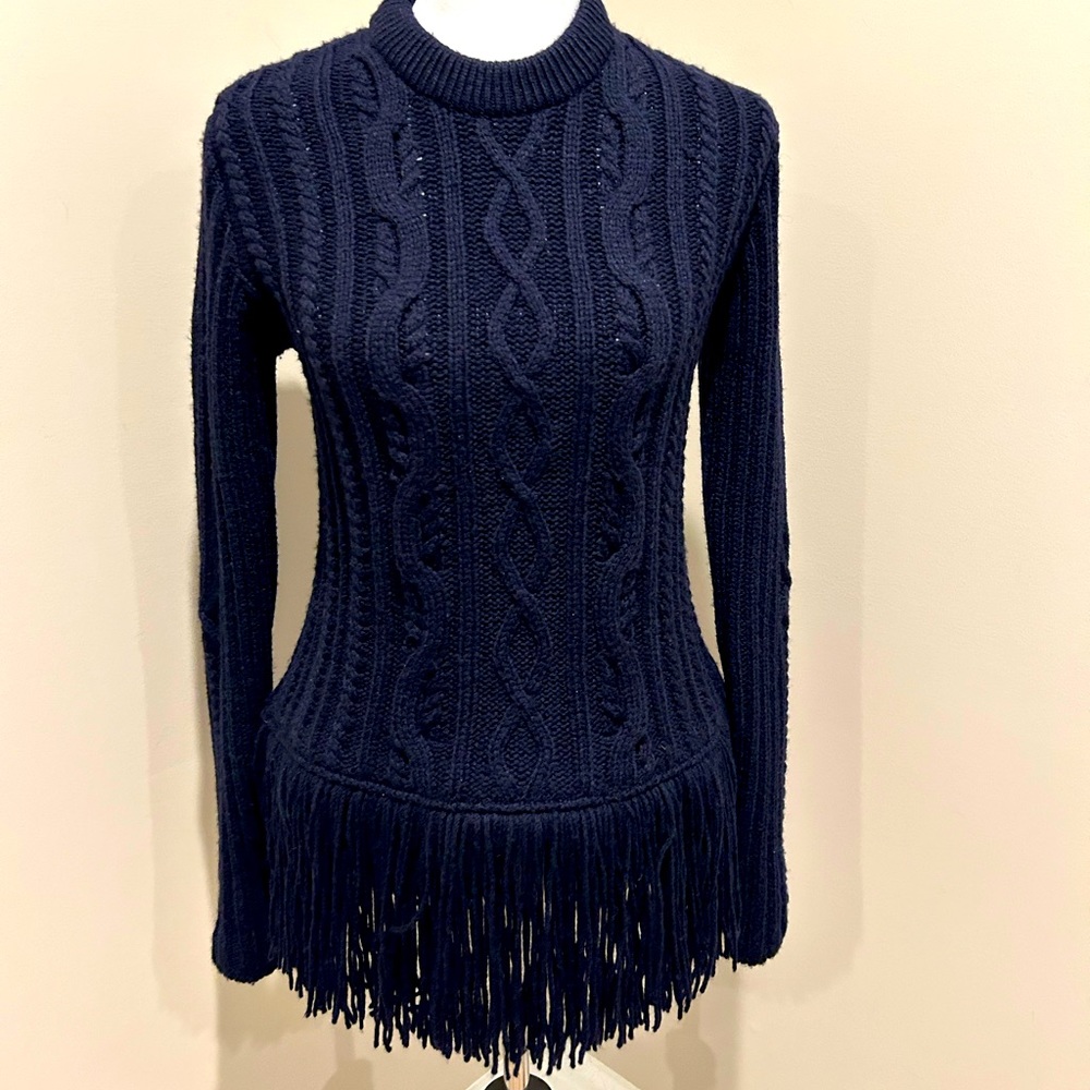 Tory Burch Valero Fringe Sweater Blue EUC